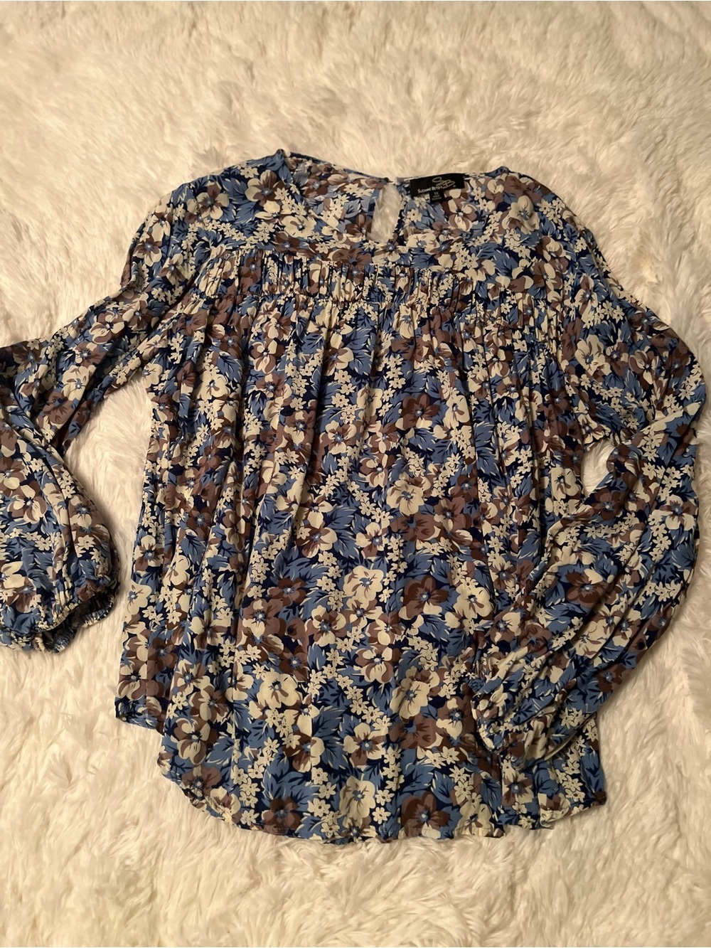 Suzanne Betro Blue & Brown Floral Smocked Yoke Blouse